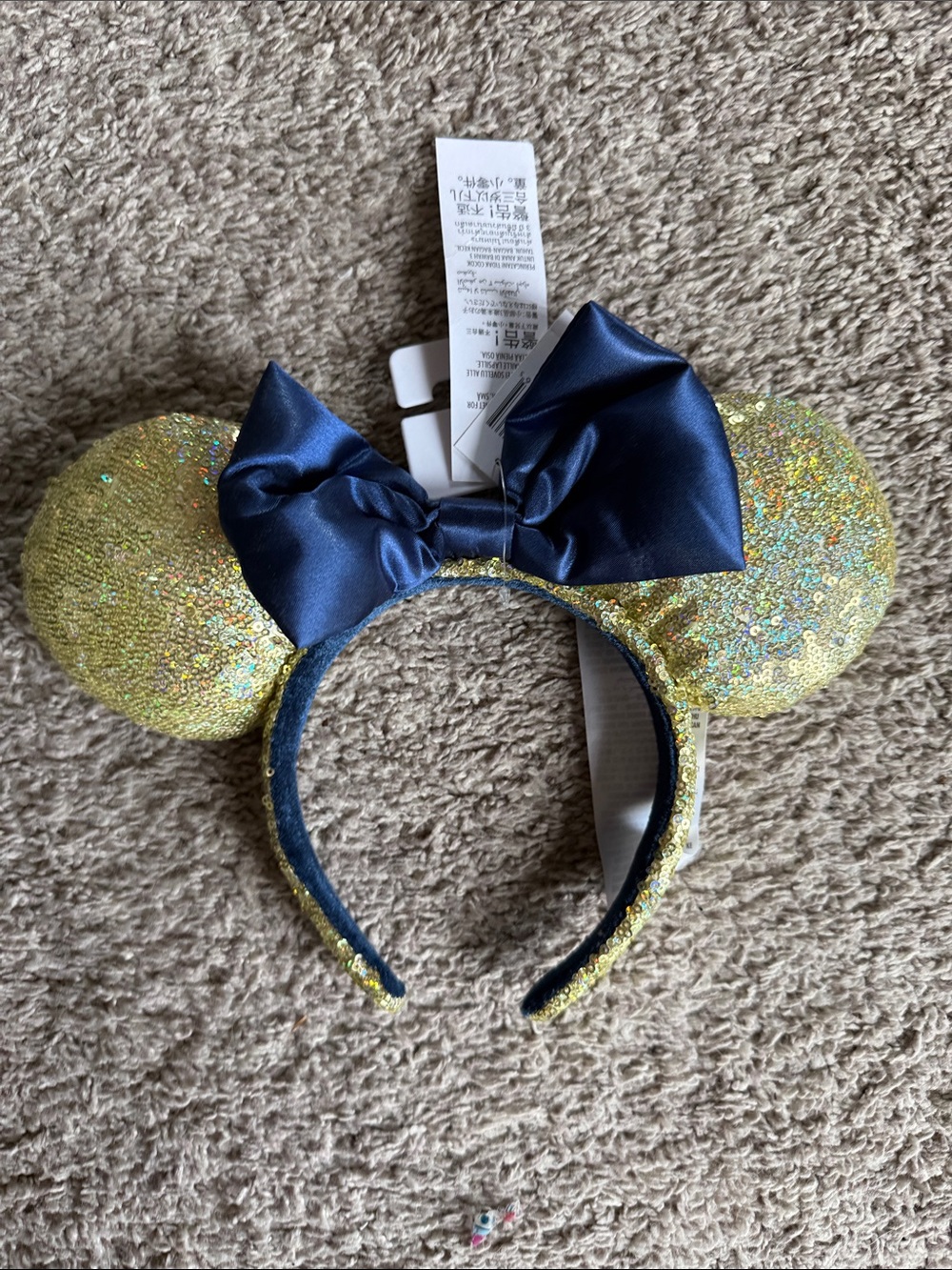 Disney Gold Sequin Minnie Ear Headband with Navy Bow